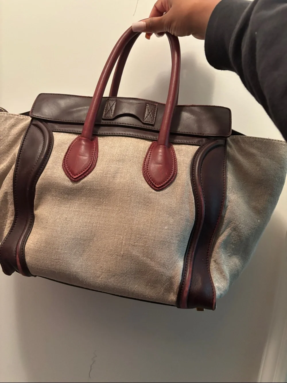 Celine Beige Canvas Tote with Burgundy and Dark Brown Leather Trim - Picture 3 of 10